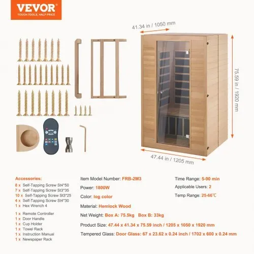VEVOR 2-Personen-Ferninfrarotsauna, Heimsaunakabine aus Infrarot-Hemlockholz mit niedrigem EMF und gehärteter Glastür, Bluetooth-Lautsprecher, für den Innenbereich, 1800 W – Bild 6