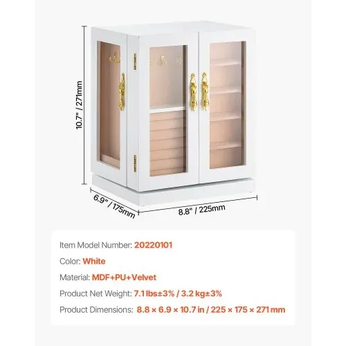 VEVOR Schmuckkästchen 360° drehbarer Schmuckkasten mit 5 Schubladen & Acrylfenster & 4 Halskettenhaken auf jeder Seite, Aufbewahrungskoffer mit Metallgriffen, Bodenpolster & weichem Samtfutter weiß – Bild 6
