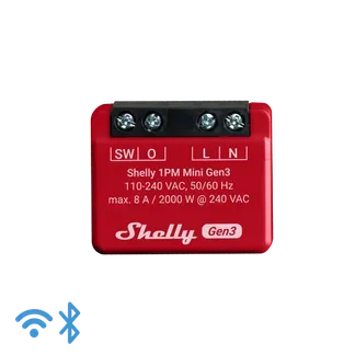 Shelly · Unterputz · „1PM Mini Gen. 3“ · Relais · max 8A · 1 Kanal · Messfunktion · WLAN · BT Shelly · Unterputz · „1PM Mini Gen. 3“ · Relais · max 8A · 1 Kanal · Messfunktion · WLAN · BT