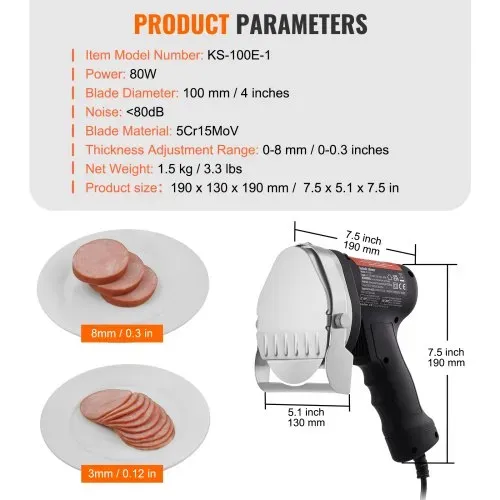 VEVOR Elektrisches Schawarma-Messer, 80 W, Türkisches Kebab-Messer, Kommerzieller Gyro-Schneider aus Edelstahl, Döner-Kebab-Fleischschneider mit 2 Klingen, 10 cm Klingendurchmesser – Bild 6