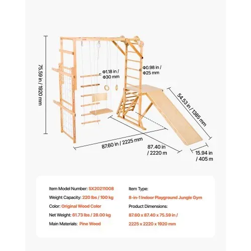 VEVOR Indoor Spielplatz Klettergerüst (8 in 1), 100 kg belastbares Montessori-Kletterspielzeug-Set mit Rutschen/Schaukeln/Klettergerüst/Turnringen/Holz-/Strickleiter/Kletternetz/Stange – Bild 6