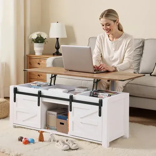 VEVOR Lift Top Couchtisch 120 cm, rustikaler Kaffeetisch mit Scheunentor & verstecktem Staufach, moderne rechteckige Hubtischplatte für Wohnzimmer Büro Zuhause, Wohnzimmertisch Sofatisch weiß – Bild 7