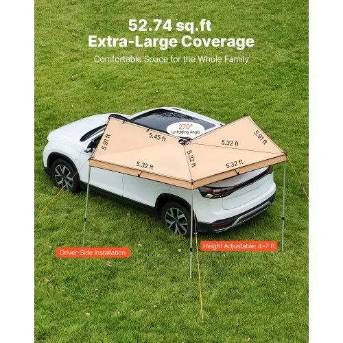 VEVOR Markise Auto, 270°-Markise, 3,19x3,07x2,10 m, Sonnensegel, wasserdicht (UV50+), inklusive Tragetasche, freistehendes Offroad-Vordach, Sonnenunterkunft für SUV, Van, LKW & Camping – Bild 2