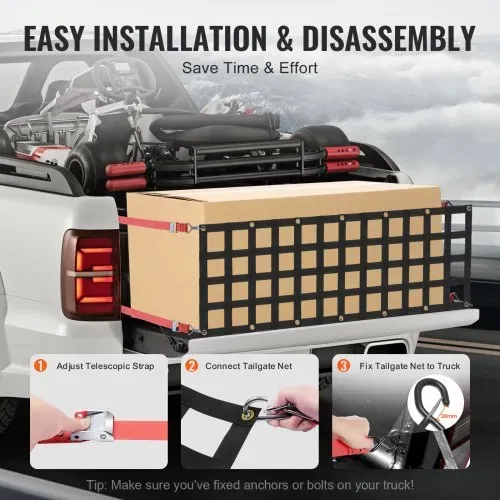 VEVOR Heckklappennetz, 1370 x 460 mm, LKW-Ladeflächennetz bis zu 680 kg, mit 4 verstellbaren Teleskopgurten, ausziehbar & langlebig, Gepäcknetz geeignet für Pickup, Anhänger, LKW, Jeep, SUV – Bild 3