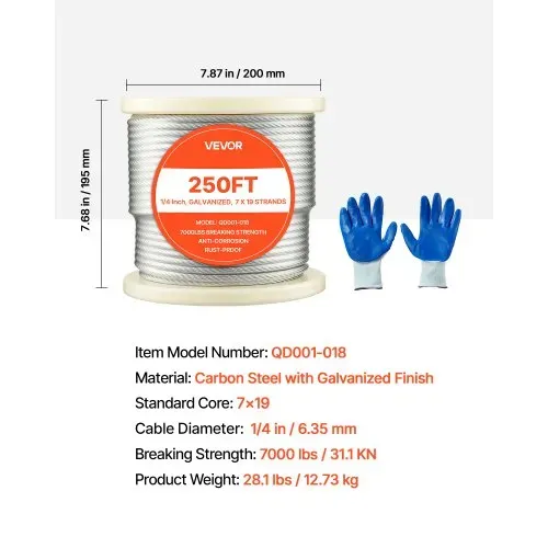 VEVOR Drahtseil φ6,35mm 76,2 m Länge, verzinktes Kohlenstoffstahlseil, 31,1 kN Bruchfestigkeit, 7x19 Litzen, Geländerseil für Terrassengeländer, Gartenspaliere, inkl. Handschuhe – Bild 6