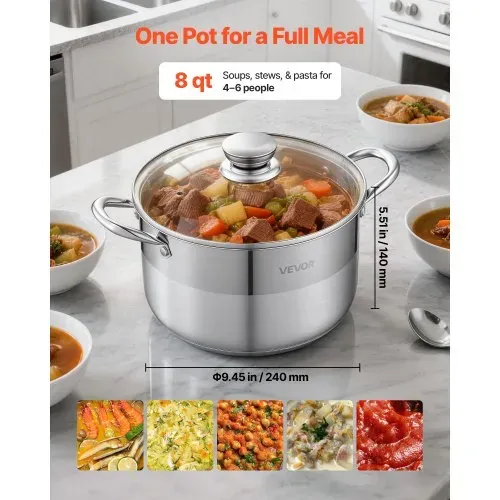 VEVOR Edelstahl Kochtopf 7,6 L Suppentopf mit Glasdeckel Induktionsgeeignet Hochwertiger Nudeltopf PFOA-frei PFAS-frei für Gasherd Elektrokochfeld Ideal für Eintöpfe Pasta Suppen – Bild 4
