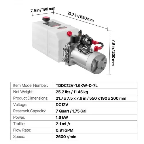 VEVOR 7 Qt Hydraulikaggregat einfachwirkende Kippanhängerpumpe, maximaler Öffnungsdruck 22 MPa und Fördermenge 3,4 L/min, 12 V DC Hydraulikpumpe mit Metallbehälter für Kippanhänger Weiß – Bild 6