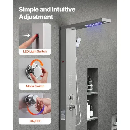 VEVOR Duschpaneel-Turmsystem (5 Modi) mit Regenwasserfall-Duschkopf & LED, (1345 mm) Duschsäule aus gebürstetem Edelstahl, Regenmassagesystem zur Wandmontage, mit Handbrause & Wannenauslauf – Bild 5