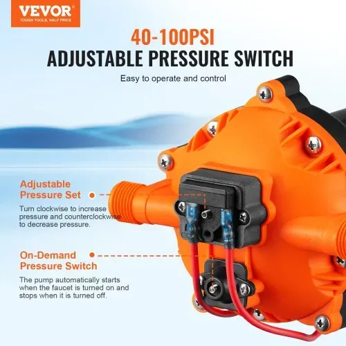 VEVOR Wassermembranpumpe, 12 V DC, 5,5 GPM Durchfluss, 70 PSI Nenndruck (40–100 PSI einstellbar), 1/2 Zoll MNPT selbstansaugende Sprühpumpe mit Druckschalter für Wohnmobil, Camper, Marine, Boot, Rasen, FCC-zertifiziert – Bild 2