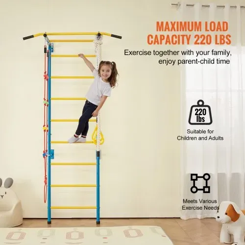 VEVOR Sprossenwand Turnwand Klettergerüst für Kinder (ab 3 Jahren), 5-in-1-Set mit schwedischer Leiter aus Karbonstahl, Klimmzugstange & Strickleiter & Turnringen 100 kg belastbar mehrfarbig – Bild 4