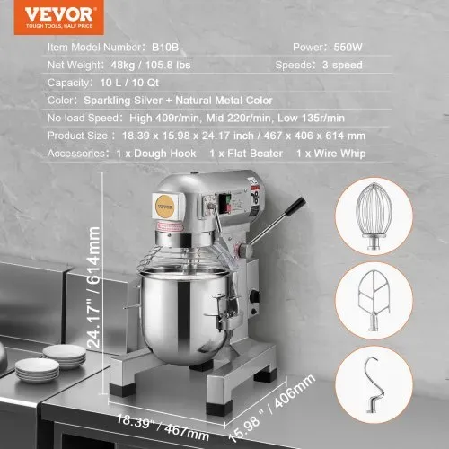 VEVOR Kommerzieller Küchenmixer, 10 l kommerzieller Standmixer mit 3 einstellbaren Geschwindigkeiten, 550 W Teigmixer mit Edelstahlschüssel und 3 Mixaufsätzen, ideal für Restaurant, Bäckerei, Konditorei, Café – Bild 6