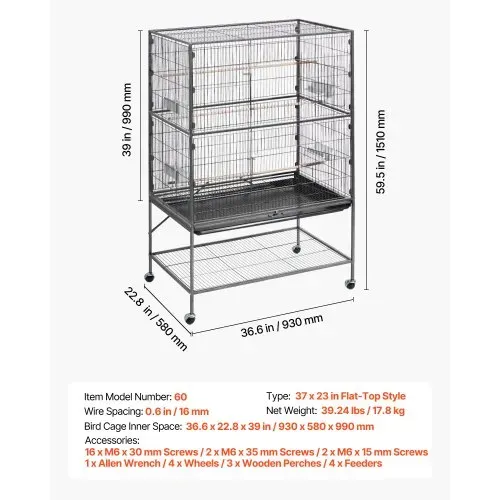 VEVOR Vogelkäfig, 930x580x1510 mm, Vogelvoliere aus Schmiedeeisen mit Sitzstangen, Futterschale & Kunststofffutternäpfen, Vogelhaus für Blaumeise, Nymphensittich, Kanarienvogel, Mönchssittich – Bild 6