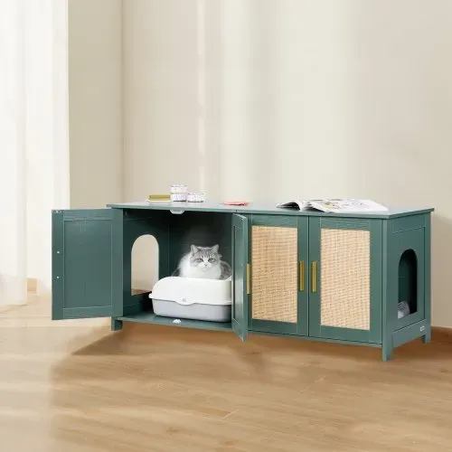 VEVOR Katzenschrank, 1200x450x500 mm, Katzentoilette mit 4 Rattantüren & 2 Eingängen, Katzenklo Schrank für den Innenbereich, Katzenhaus passend für die meisten Katzentoiletten, grün – Bild 7