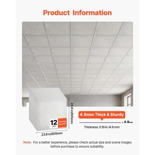 VEVOR 12 Stk. Deckenpaneele Deckenfliesen PVC-Schaumplatte 605x605mm Weiß, Marmormuster, Wasserfest, Brandschutz, Zuschneidbar, Für Abgehängte Decke Geeignet, Moderne Innendekoration für Heim Büro VEVOR 12 Stk. Deckenpaneele Deckenfliesen PVC-Schaumplatte 605x605mm Weiß, Marmormuster, Wasserfest, Brandschutz, Zuschneidbar, Für Abgehängte Decke Geeignet, Moderne Innendekoration für Heim Büro