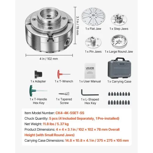 VEVOR 4-Zoll-Drechselfutter, Selbstzentrierendes 4-Backen-Futter-Set mit Kegelradgetriebe, 1 Zoll x 8 TPI-Gewinde, Adapter, 5 Backensätze, Transportkoffer, Vernickelt, für Drechselbänke – Bild 6