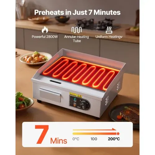 VEVOR Kommerzielle Grillplatte Elektrisch 45 x 30 cm, Bratplatte Elektrogrill 2800 W, Tischgrillplatte 50–300 °C mit 2 Spateln, 2 Bürsten und 4 Fußpolstern, Griddleplatte für Steaks Pfannkuchen – Bild 2