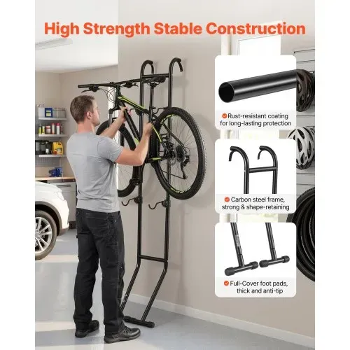 VEVOR Fahrradständer Vertikaler Abstellständer für 2 Fahrräder Schwarz, Kohlenstoffstahlrahmen, Mit Höhenverstellbare Haken, Freistehend & Bohrlos, Max. 45,5 kg Tragkraft, Universal für MTB Rennrad – Bild 4