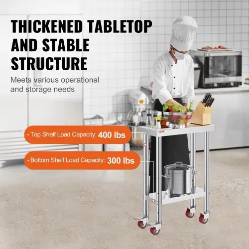 VEVOR rollbarer Arbeitstisch 61 x 30 x 85 cm Edelstahl Catering Arbeitstisch Belastbarkeit 350 kg, Lebensmittelzubereitungstisch gewerblicher Küchentisch für Bar mit 4 verstellbaren Füßen – Bild 2