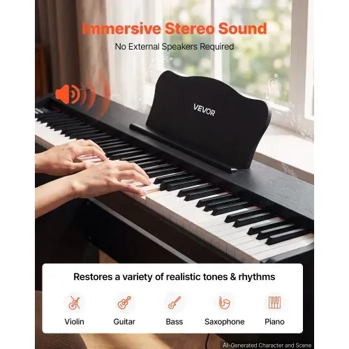 VEVOR Digitalpiano 88 Halbgewichtete Tasten mit HiFi-Lautsprechern Schwarz, E-Piano Ideal für Anfänger, mit 600 Klängen, 600 Rhythmen, USB, MIDI, Standard-3,5-mm-Kopfhörerbuchse, Notenhalter und Pedal – Bild 4