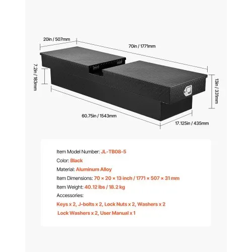 VEVOR Crossover Lkw Werkzeugkasten für die Ladefläche (1771 x 507 x 331 mm) abschließbare & wasserdichte Werkzeugkisten aus Aluminium mit seitlichen Griffen für Wohnmobilanhänger schwarz – Bild 6