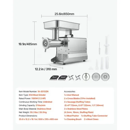 VEVOR Fleischwolf, 9,5 kg/min Kapazität, #32 Elektrischer Fleischwolf mit 3 Lochscheiben, 3 Wurstfüllrohren, 1100 W, 2-in-1 Küchenmaschine aus Edelstahl für private Küchen & Restaurants – Bild 6