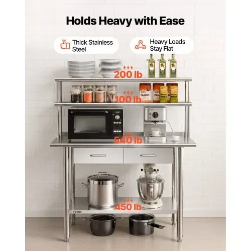 VEVOR Gastronomie Arbeitstisch 1220 x 610 x 1400 mm, Edelstahltisch mit Grundboden & 2 Schubladen & Doppelaufsatzbord, Gewerblicher Vorbereitungstisch Werkbank für Restaurant Garage Küchentisch – Bild 5
