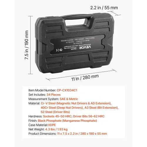VEVOR Steckschlüsselsatz, 34-tlg., SAE- & Metrische Größen, Magnetische Steckschlüssel, mit AD-Einsteller, Bit-Verlängerung & Werkzeugkoffer, für Autoreparaturen, Heimwerkerarbeiten & DIY-Projekte – Bild 5