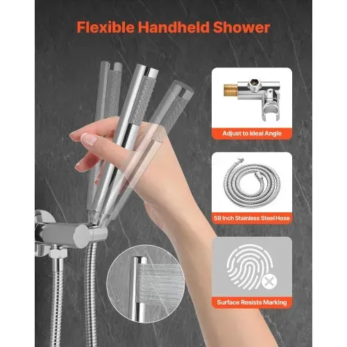 VEVOR Duscharmatur Regenduschsystem fürs Badezimmer Duschsystem mit 254 mm runden Regenduschkopf & Handbrause, wandmontierte Badezimmerarmaturen mit Messingventil & Zierset, Silberchrom – Bild 2