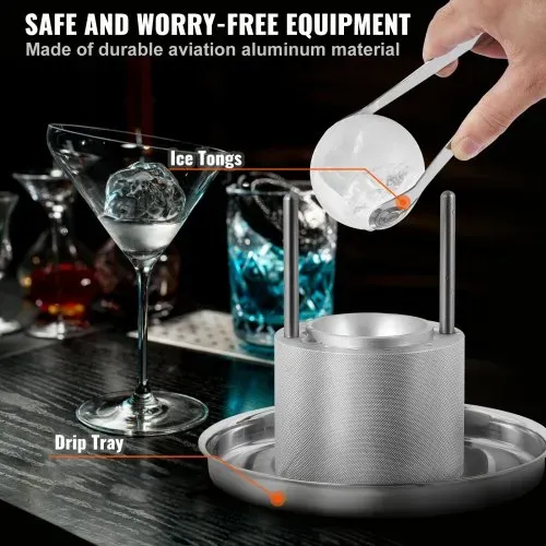 VEVOR Eiswürfelbereiter Eiswürfelformen Satz 60 mm, Eiswürfelform Eiskugelform mit Tropfschale & Eiszange & Glas, Strapazierfähige Eiswürfelformen Eiswürfelbehälter Silber Whisky, Americano – Bild 4