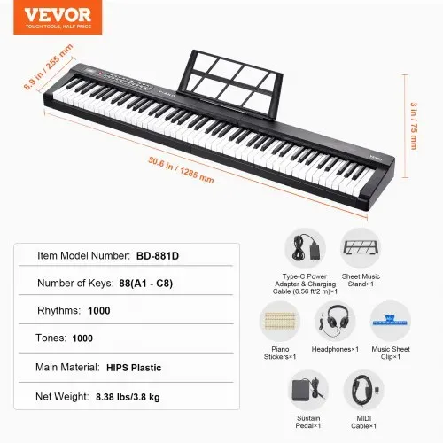 VEVOR Digitales Klavier mit 88 Tasten, halbgewichtete Tasten, tragbares elektrisches Keyboard-Piano-Set in voller Größe mit 1000 Tönen, integrierten Lautsprechern, Sustain-Pedal, Kopfhörern, Bluetooth, MIDI, USB für Anfänger – Bild 6