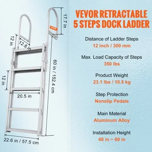 VEVOR Dockleiter 5 einziehbare Stufen 159kg Tragkraft Pontonbootleiter aus Aluminiumlegierung mit 1700-2005mm einstellbarer Höhe 10cm breite Stufe zum Einsteigen in Schiffe/See/Pool/Marine – Bild 6