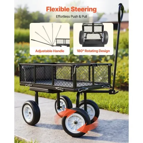 VEVOR Bollerwagen 226,8 kg Tragkraft, Gartenwagen mit Sitz & PU-Rädern, Transportwagen mit Werkzeugablage & Verstellbarem Griff, Gerätewagen für Rasen, Terrasse & Garten, Schwarz – Bild 5