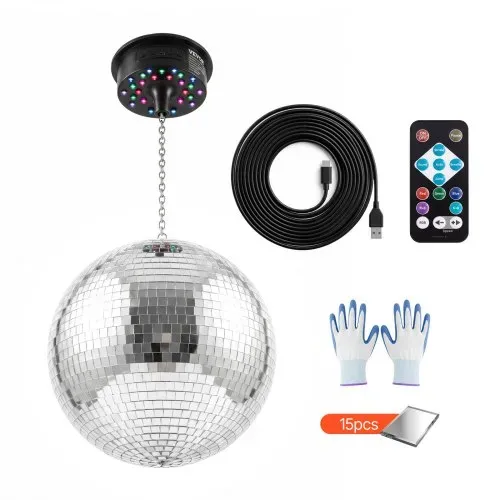 VEVOR Spiegelkugel Discokugel Mirrorball 300 mm mit Motor Fernbedienung LED, für Partys Heimdekoration Bühnen DJ- & Tanzclubs RGB plus 3 Mischfarben 0/3/6/9/12/15 U/min USB-Anschluss & Batteriebetrieb – Bild 8