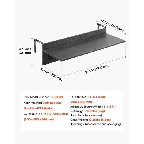 VEVOR Balkontisch, 800x300 mm, klappbarer Balkonhängetisch, Klapptisch für den Außenbereich, 22 kg Tragkraft, passend für Geländer von 25,4 bis 109,22 mm, Serviertisch für Terrasse und Deck – Bild 6