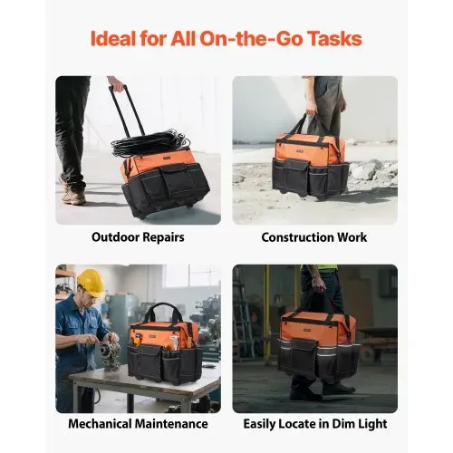 VEVOR Werkzeugtasche mit Rollen, 50 kg Tragkraft, 27 Taschen, Arbeitsrucksack mit verstellbarer Teleskopgriff & stabiler Standfuß, Werkzeugtaschen-Organizer für Bau, Mechanik, 510x310x450 mm – Bild 5