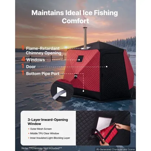 VEVOR Eisangelzelt Eisfischerzelt 6-8 Personen 3,3x3,3x2 m Zelt Isoliert, Eisschutzzelt für Winterfischen, 6,75 m² Fläche, 600D 4-Lagiges Gewebe, Hub-Style-Zelt mit Ankern, Seilen, Tragetasche, Rot – Bild 5