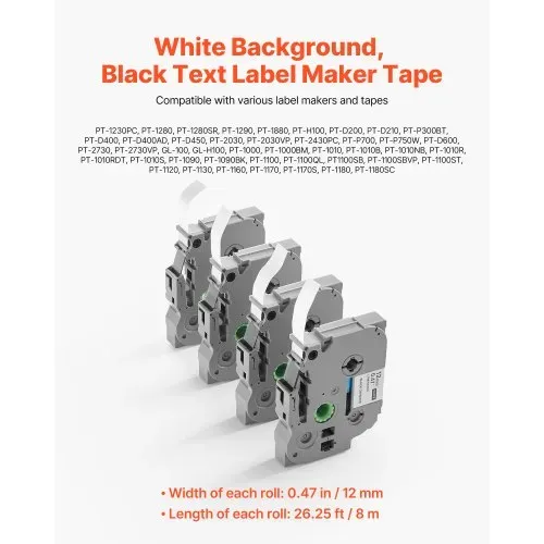 VEVOR Schriftband, 4er-Pack, 12 mm, Schwarz auf Weiß, kompatibel mit verschiedenen Arten von Brother P-Touch-Etikettierern, PT-1230PC, PT-1280, PT-D200, PT-P400, Ersatz für TZe-231 – Bild 5