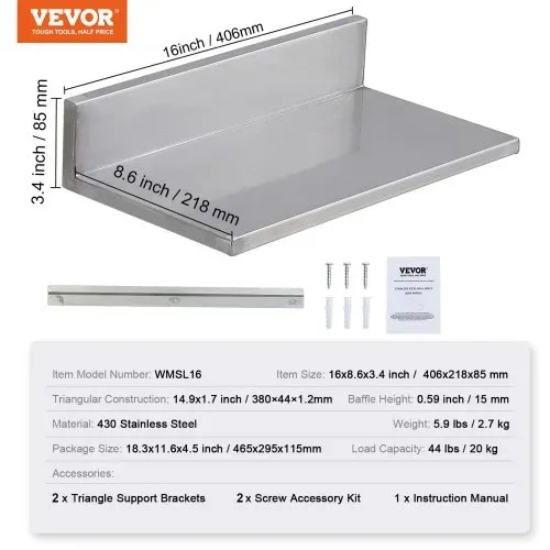 VEVOR Gewürzregal Wandregal 2-teilig, Hängendes Küchenregal 406 x 218 x 85 mm, Schweberegal Edelstahl 20 kg Belastbar, Regalbrett Wandboard Gewürzregal Geeignet für Küchen, Restaurants, Hotels usw. – Bild 6