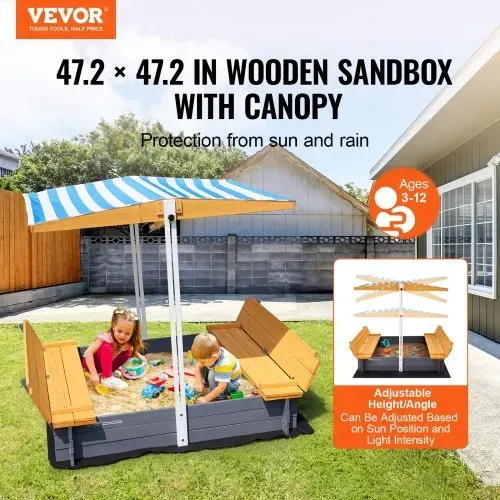 VEVOR Holzsandkasten mit Überdachung, Sandkasten, Sandgrube mit klappbaren Sitzbänken und Bodeneinlage, Naturholz-Sandkasten für Kinder für den Garten, Geschenk für Kinder im Alter von 3–12 Jahren VEVOR Holzsandkasten mit Überdachung, Sandkasten, Sandgrube mit klappbaren Sitzbänken und Bodeneinlage, Naturholz-Sandkasten für Kinder für den Garten, Geschenk für Kinder im Alter von 3–12 Jahren