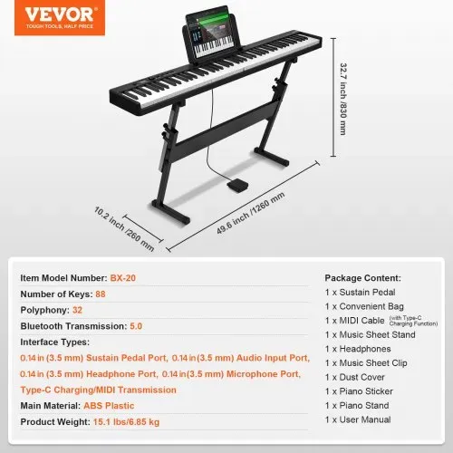 VEVOR 88-Tasten-Klappklavier, Bluetooth und MIDI, tragbares elektronisches digitales Klappklavier mit Ständer, Sustain-Pedaltasche, berührungsempfindliche Tasten, wiederaufladbar für Anfänger, Jugendliche und Erwachsene, schwarz – Bild 6