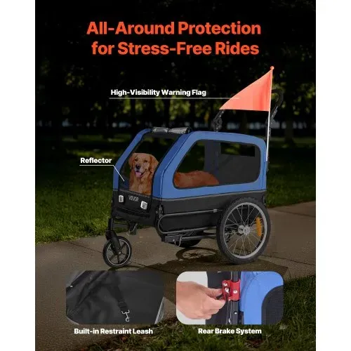 VEVOR Hundeanhänger, bis zu 40 kg, 2-in-1-Fahrradanhänger für kleine und große Hunde, klappbarer Rahmen mit Rädern, universelle Fahrradkupplung, inkl. Flagge, interne Leine, 1380x755x800 mm – Bild 4