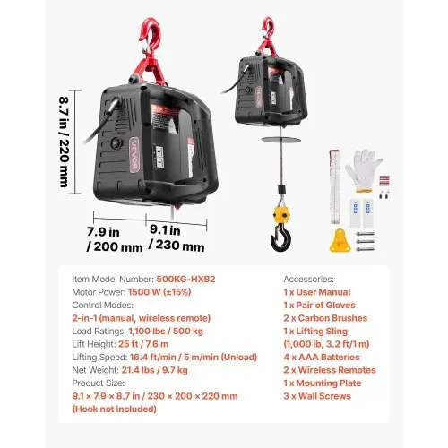 VEVOR Elektrische Seilwinde, 500 kg Tragkraft, 2-in-1 Elektro-Seilzug, 1500 W, Hebezug 7,6 m Hubhöhe, 5 m/min Hubgeschwindigkeit, mit manueller & drahtloser Fernbedienung für Fabrik, Lager & Garage – Bild 6