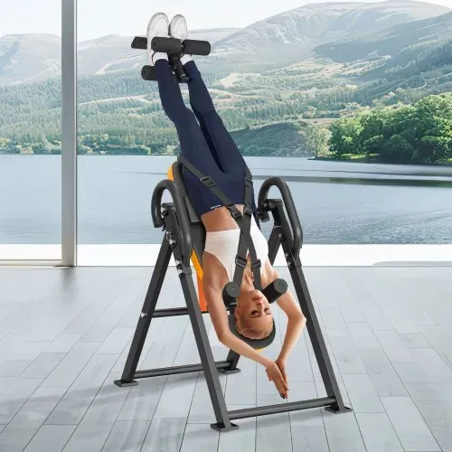 VEVOR Inversionstisch Inversionsbank, 136 kg belastbar, Multifunktionsgerät Rückentrainer, klappbares Krafttrainingsgerät mit Kopfstütze, Knöchelverriegelung, verstellbarem Schutzgurt, Orange/Schwar – Bild 7