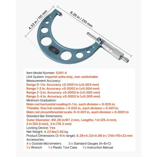 VEVOR Bügelmessschraube 4-tlg. Set, Mikrometer mit einer Messgenauigkeit von 0,0001/0,0002 Zoll, Messschraube für Metallbearbeitung & Maschinenbau mit Koffer, 0-1/1-2/2-3/3-4 Zoll – Bild 6