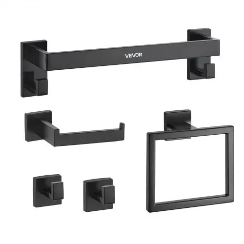 VEVOR Badezimmer Hardware Zubehör Set (5-tlg.) inkl. Handtuchstange (406,4 mm) & Handtuchhalter (quadratischer Ring) & 2 Haken & Toilettenpapierhalter, für Badezimmer, Wandmontage Mattschwarz – Bild 8