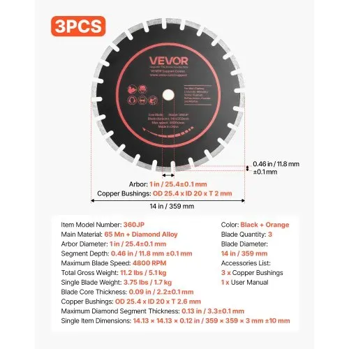 VEVOR 3 Stk. Diamanttrennscheiben 359mm, Diamant-Sägeblätter mit 25,4mm Bohrung & 11,8mm Segmenthöhe, Max. 4800 U/min Diamantscheiben für Trocken/Nass Schneiden, Trennscheibe für Beton Mauerwerk Stein – Bild 6