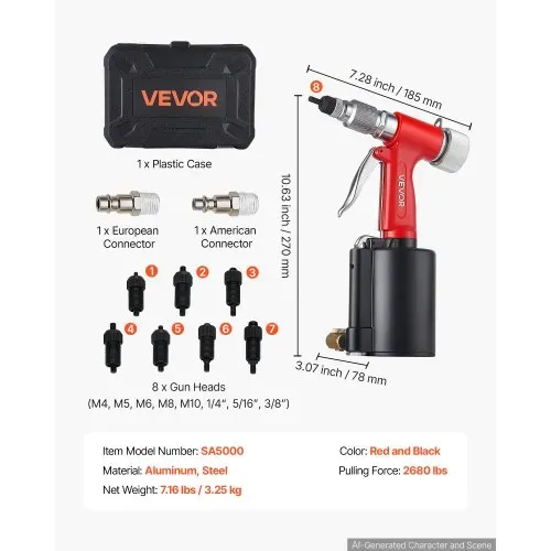 VEVOR Druckluft Nietmutternzange Set mit 3 SAE- & 5 Metrischen Kopfstück, Pneumatische Blindnietzange Set für Automobil Industrie Heimwerkerprojekt, 1215kg Zugkraft, M4 M5 M6 M8 M10 1/4 5/16 3/8 Zoll – Bild 6