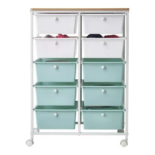 VEVOR Rollwagen mit 10 Schubladen Doppelreihe PP 630x390x895mm Blau Weiß, Metallgestell, Holztischplatte, Handgriffe, Lenkrolle mit 2 Bremsen, Mobiler Schubladenwagen für Büro Werkstatt Bastelzimmer – Bild 9