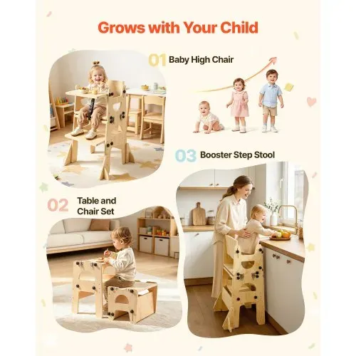 VEVOR Lernturm für Kinder im Alter von 1 bis 5 Jahren, Höhenverstellbarer Lernstuhl aus Holz, Montessori-Tisch- & Stuhlset, Learning Tower mit Tafel & Rückenlehne für Bad & Küchenarbeitsplatte – Bild 4