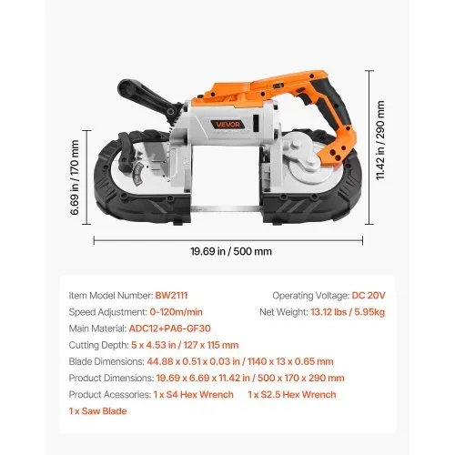VEVOR 20V Akku Bandsäge, 127x115mm Schnitttiefe, Metallbandsäge, kabelloses & kompaktes Portaband, Aufhängehaken, 0–120 m/min variable Drehzahl, zum Schneiden von Metall, Holz (nur Werkzeug) – Bild 6